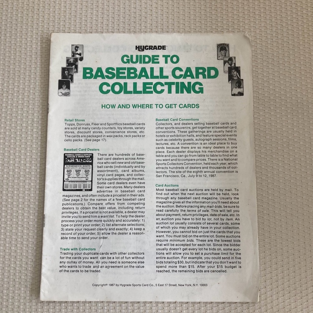 1987 Hygrade Guide To Baseball Card Collecting